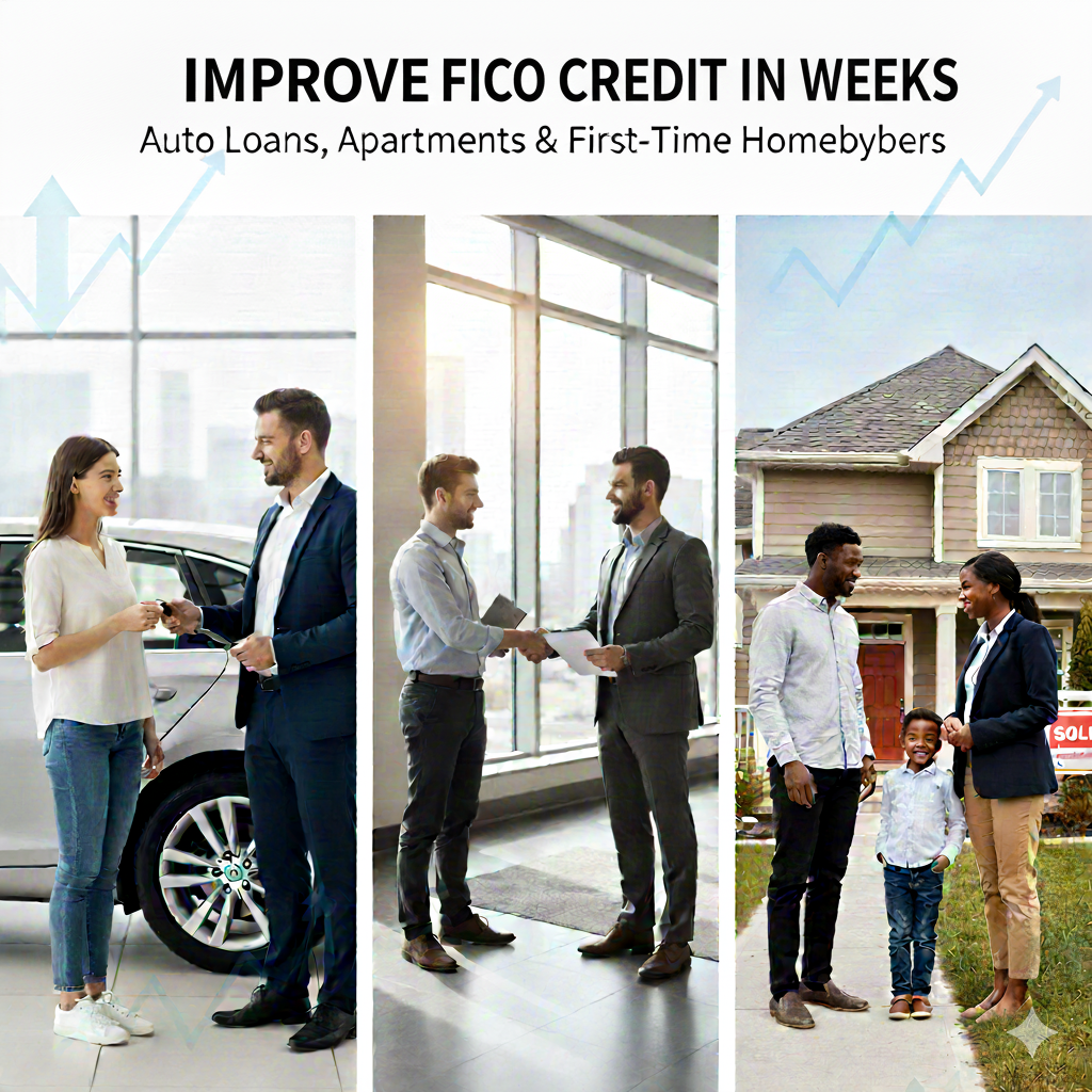 Authorized user tradelines illustration showing a credit score increase from fair to excellent using high-limit credit cards to boost FICO scores for auto loans, first time homebuyers and apartment leasing
