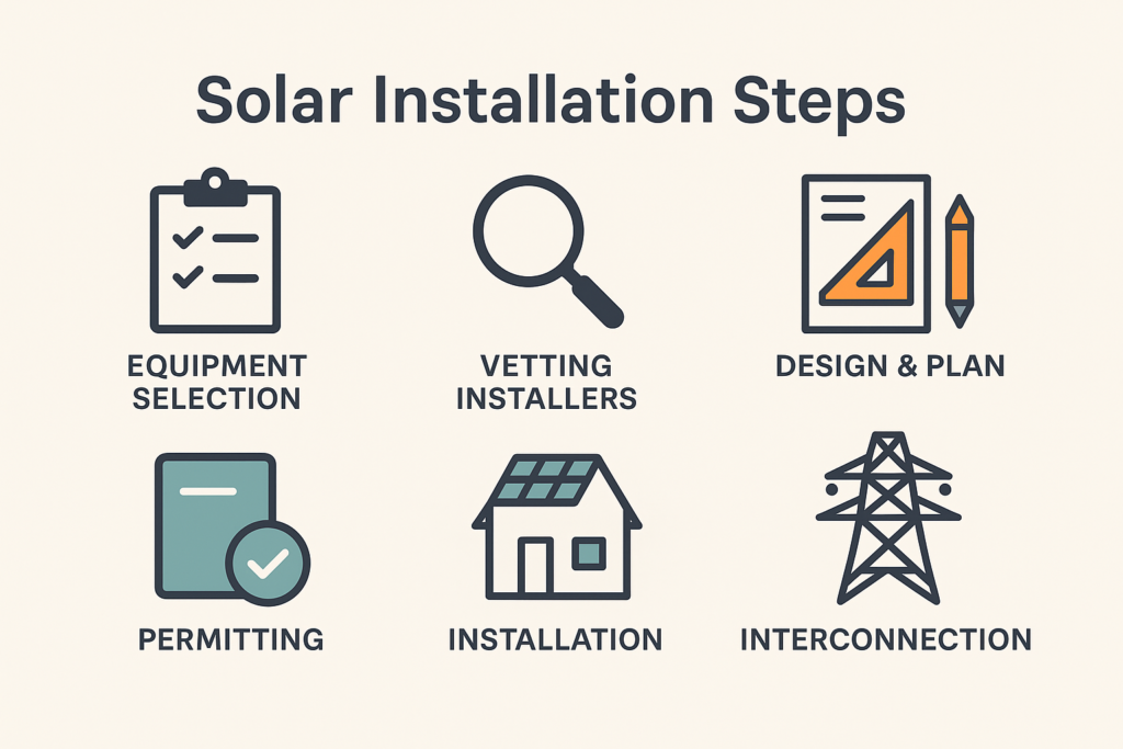 Solar installation timeline in California showing permits, PG&E interconnection, and battery-based peak-hour savings