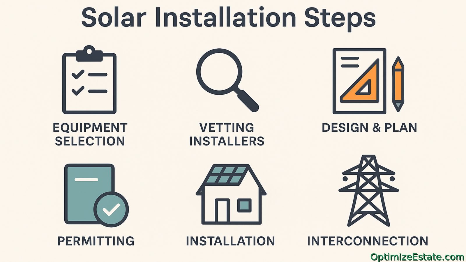 Solar installation steps: equipment selection, vet installers, design and plan, permitting, installation, interconnection