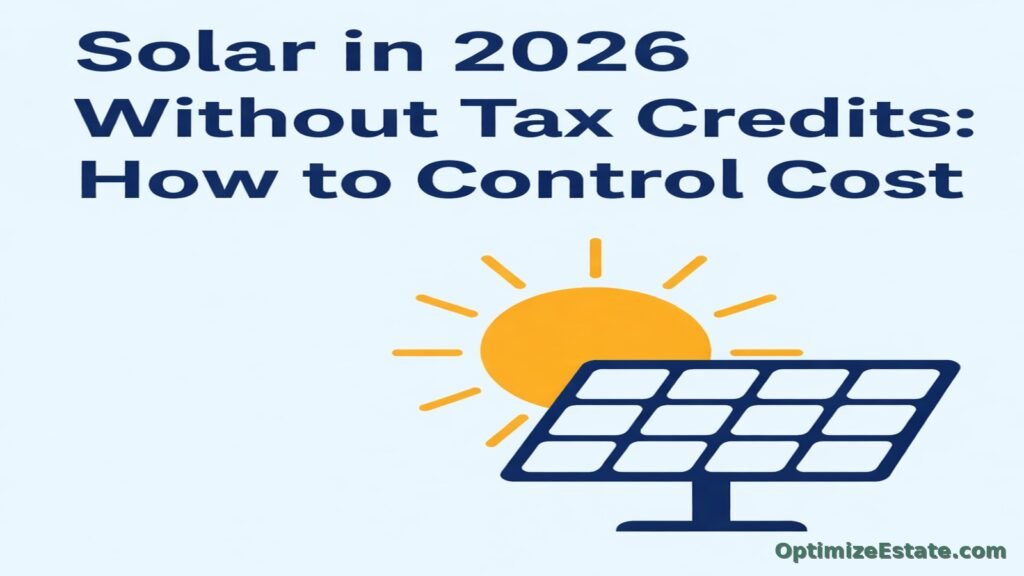Graphic showing a solar panel and sun with text: Solar in 2026 Without Tax Credits: How to Control Cost.