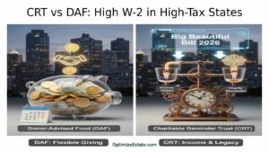 High W-2 earner holding a sign about cutting taxes by 50% next to a jar of appreciated assets.