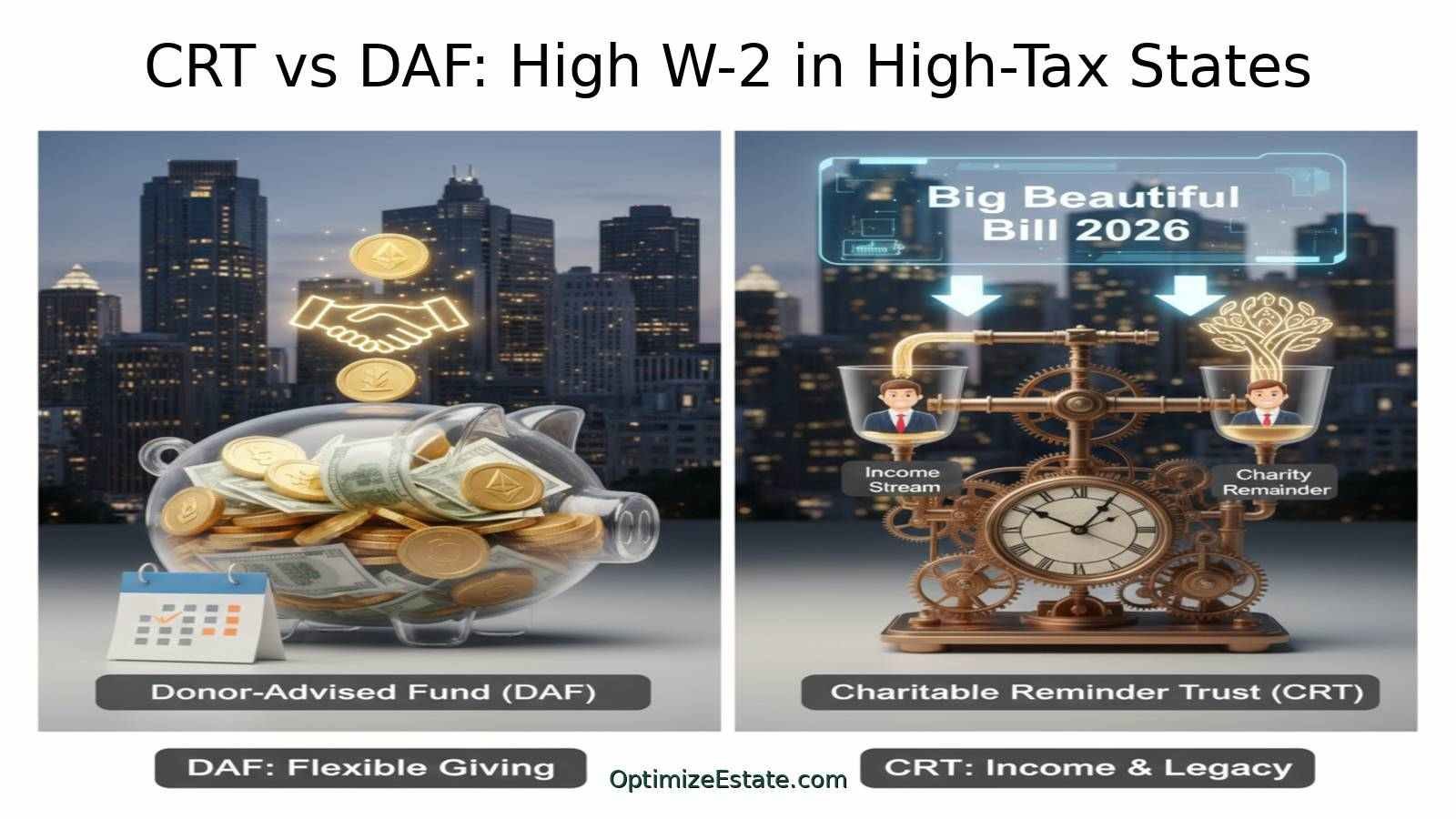 High W-2 earner holding a sign about cutting taxes by 50% next to a jar of appreciated assets.