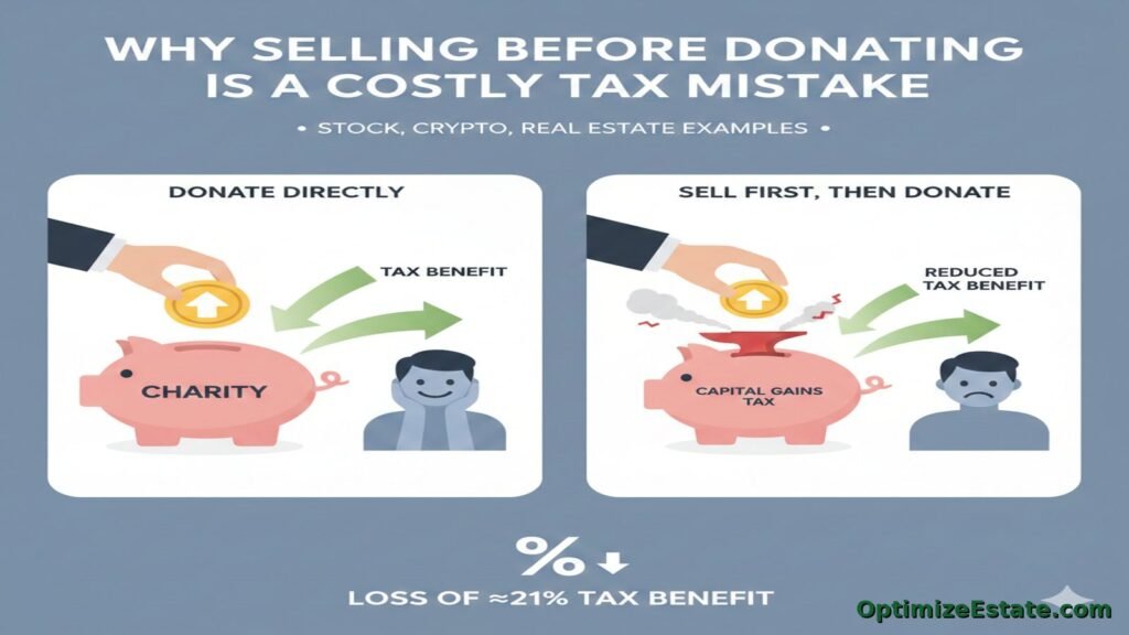Infographic illustrating how high W-2 earners can cut taxes by 50% by donating appreciated assets directly to a DAF instead of selling first.