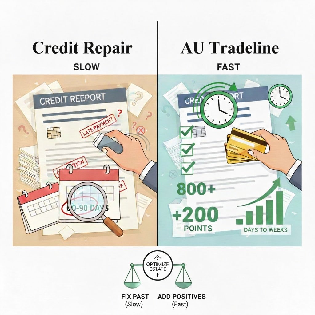 Comparison infographic between Credit Repair (Slow) and AU Tradelines (Fast) for credit score improvement.