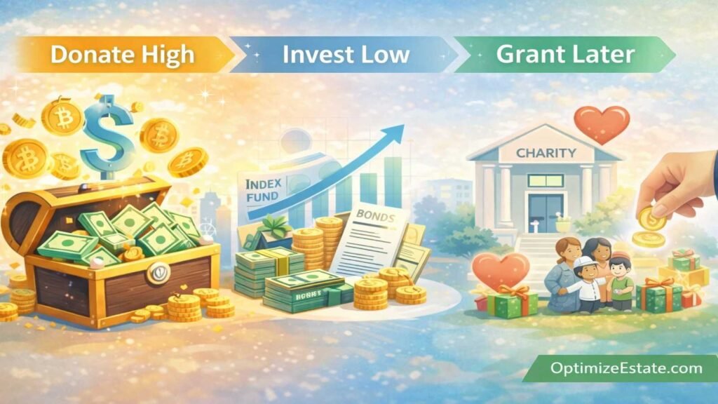 Infographic showing how high W-2 earners can cut taxes by 50% by donating appreciated assets directly to a DAF instead of selling first.
