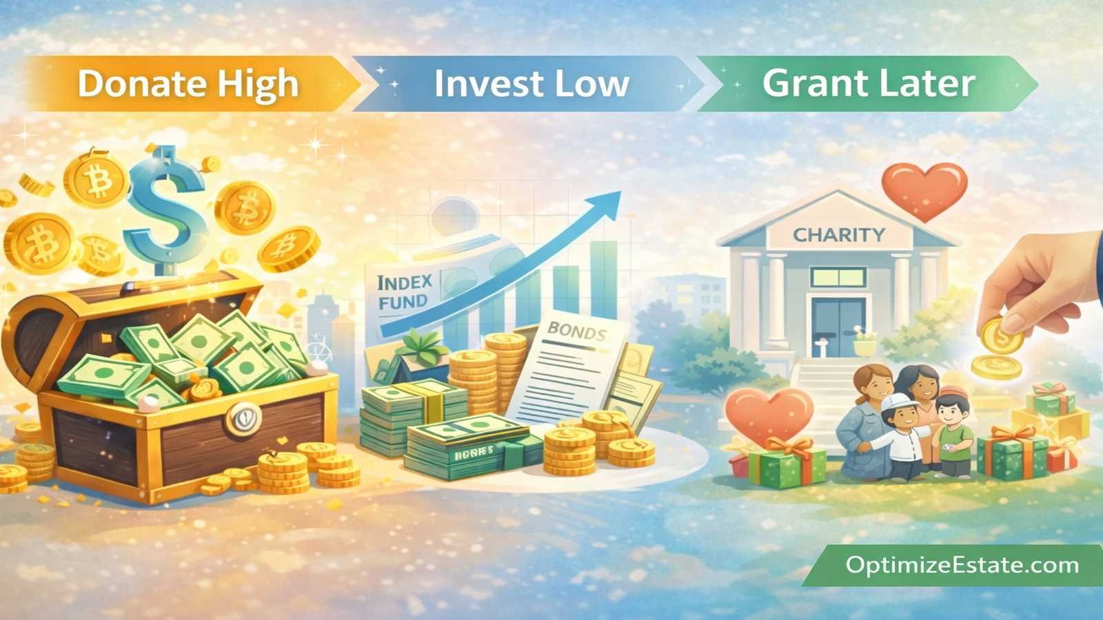 Infographic showing how high W-2 earners can cut taxes by 50% by donating appreciated assets directly to a DAF instead of selling first.