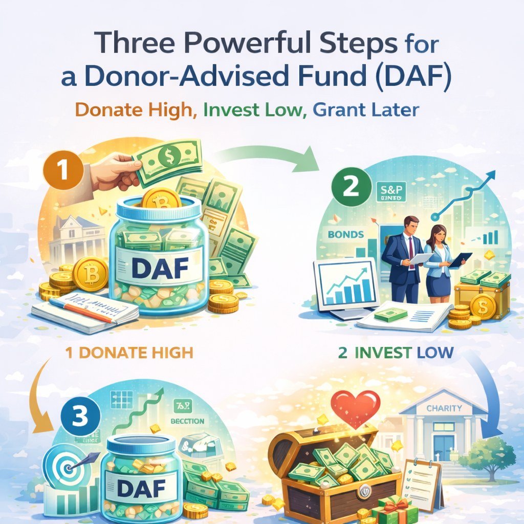 Three-step donor-advised fund strategy: donate high, invest low, grant later