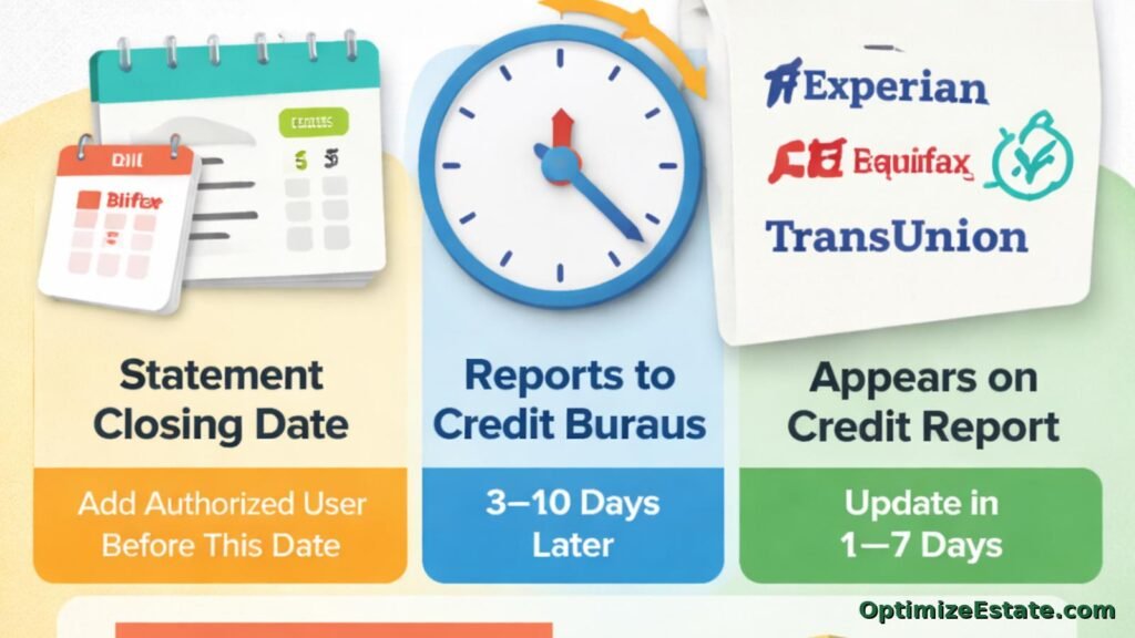 Authorized user tradeline reporting timeline showing statement closing date, bureau reporting delay, and credit report update timing for Experian, Equifax, and TransUnion